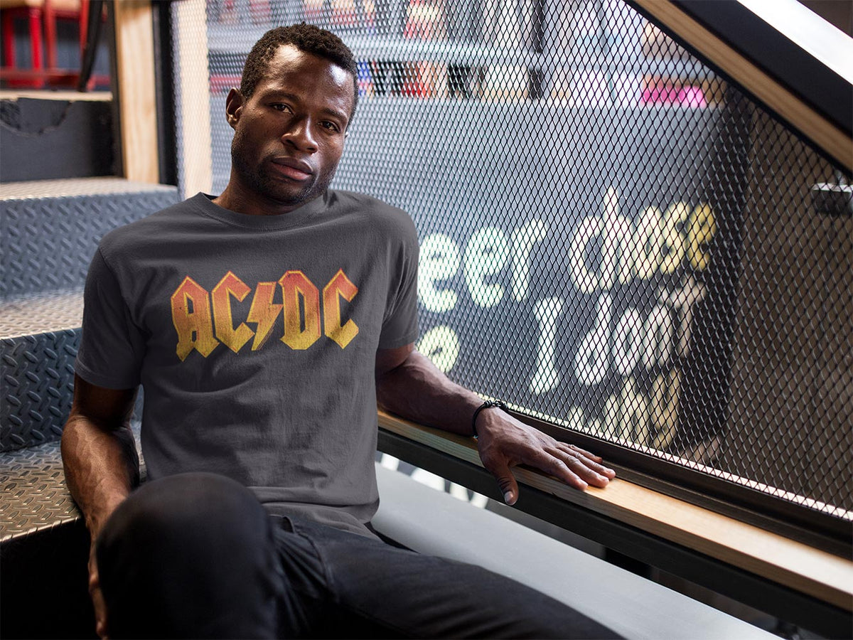 AC/DC Distress Orange Adult Graphic T-Shirt - Retro Rock Music Clothing - Concert Lover Gift Idea