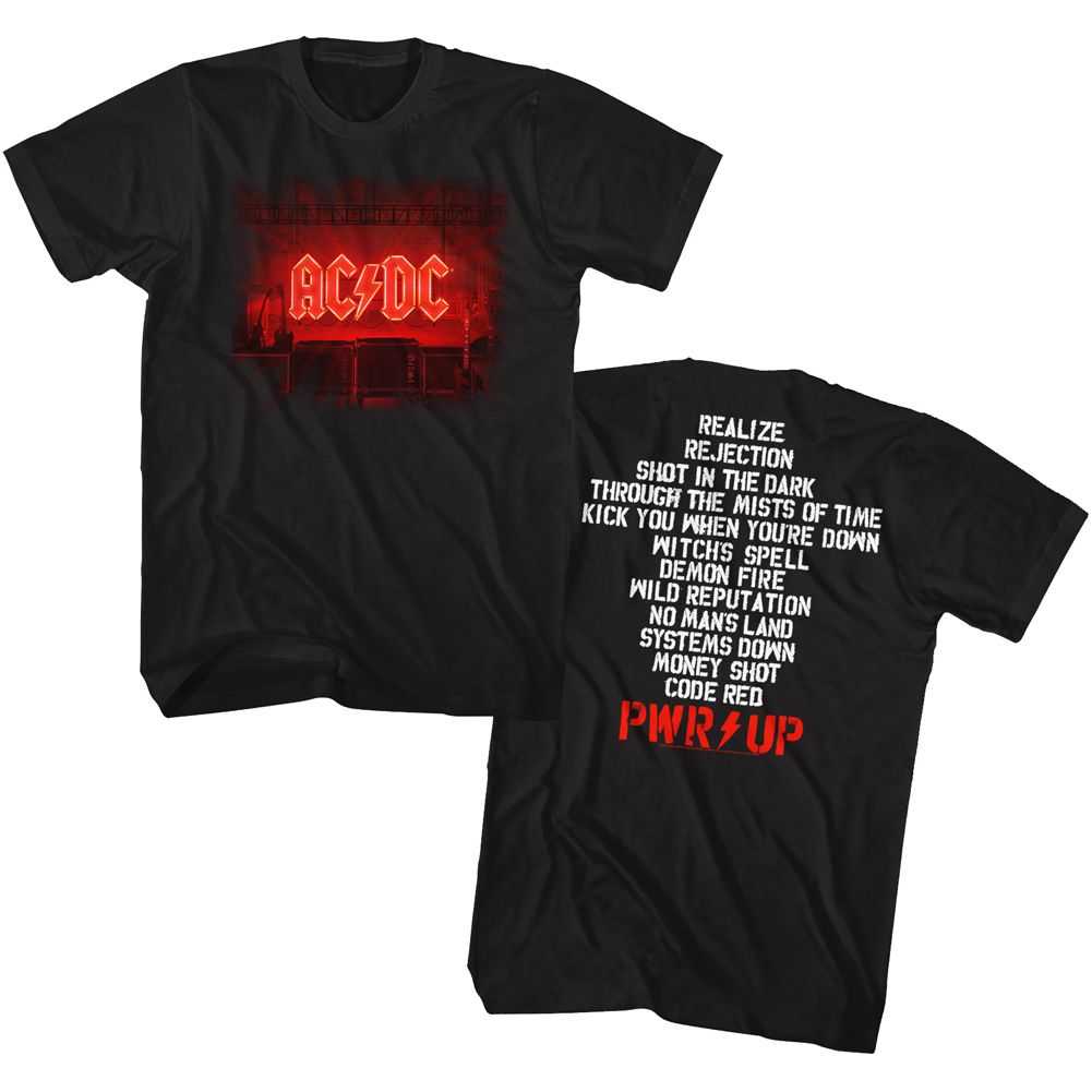 AC/DC Pwrup Track List 2-Sided Adult Graphic T-Shirt - Retro Rock Music Clothing - Concert Lover Gift Idea