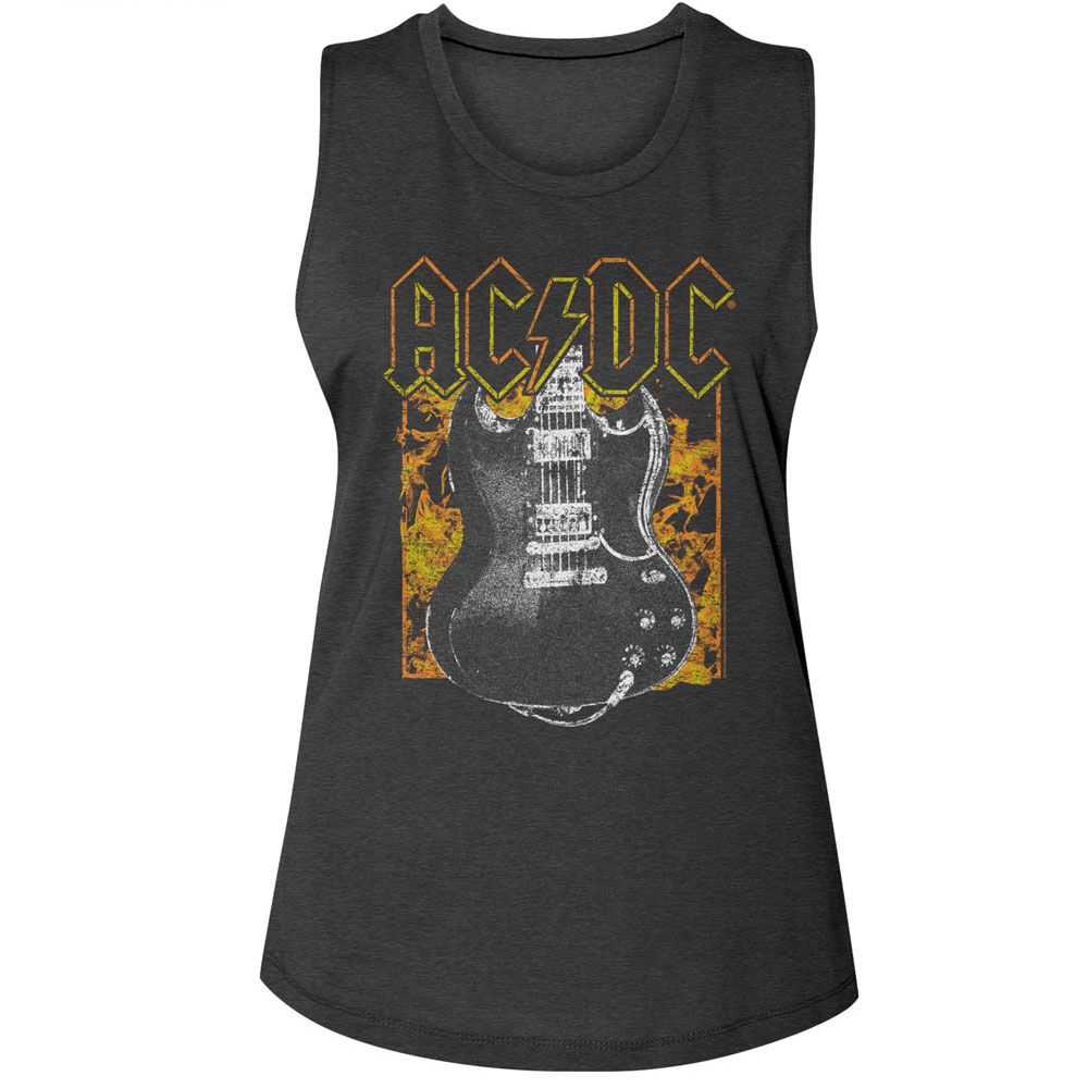 AC/DC Flaming Guitar Graphic Ladies Tank Top - Official Angus Young Rock Band Tee
