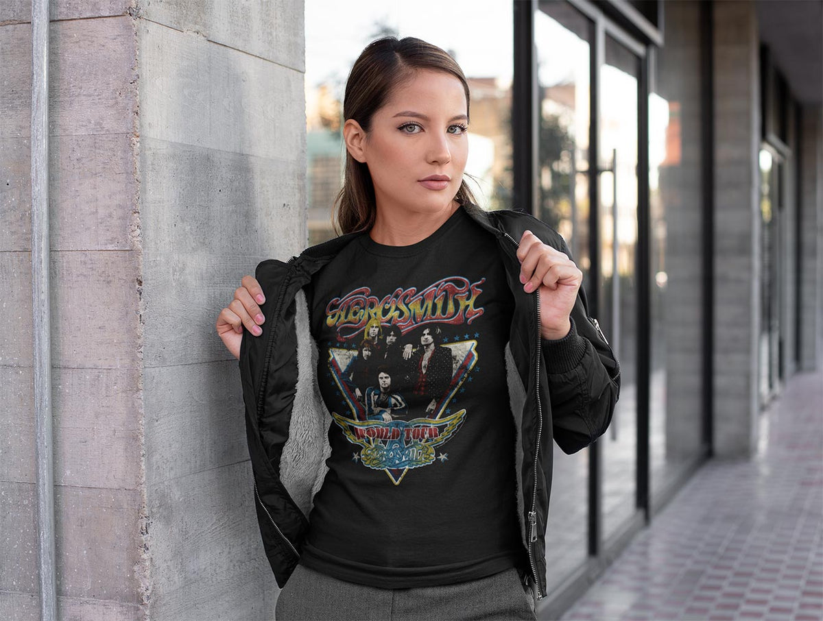 Aerosmith World Tour Graphic T-Shirt - Classic Rock Music Clothing - Vintage Concert Lover Gift Idea