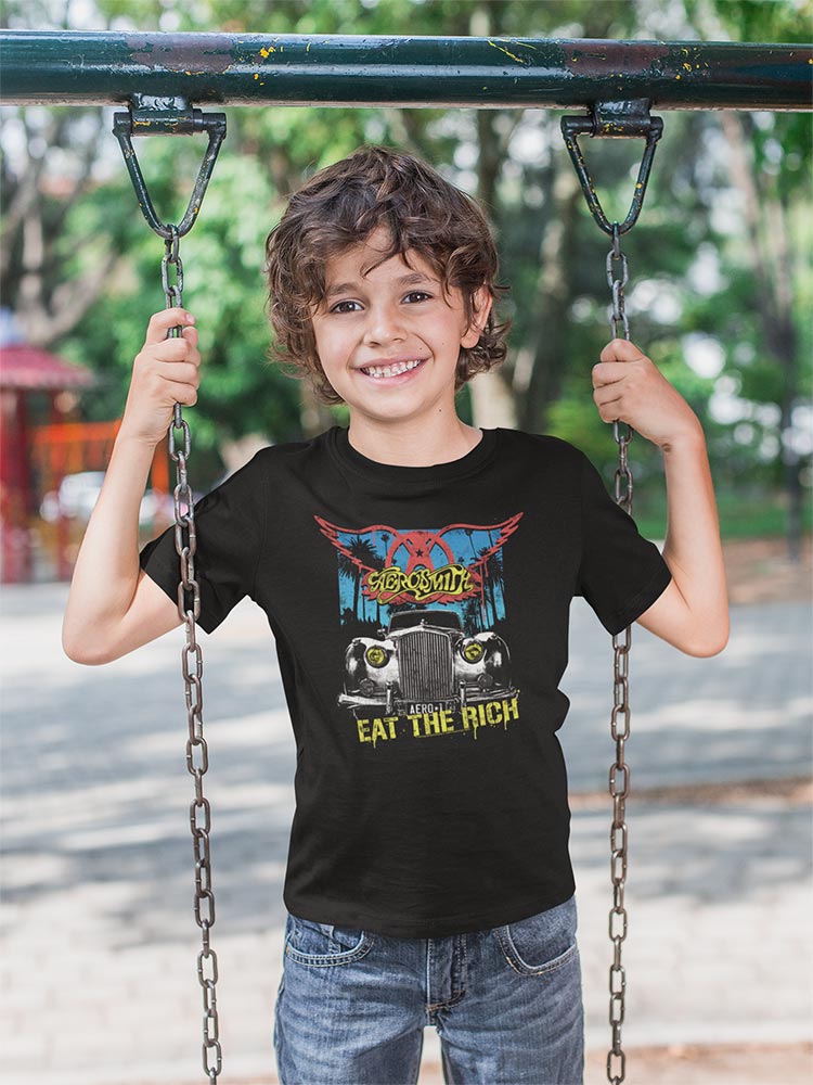 Aerosmith Eat The Rich Car Youth Graphic T-Shirt - Classic Rock Music Clothing - Vintage Concert Lover Gift Idea