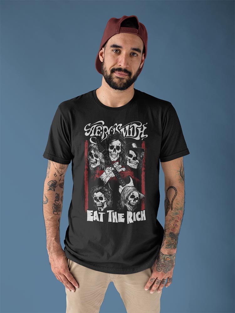 Aerosmith Eat The Rich Skull Graphic T-Shirt - Classic Rock Music Clothing - Vintage Concert Lover Gift Idea
