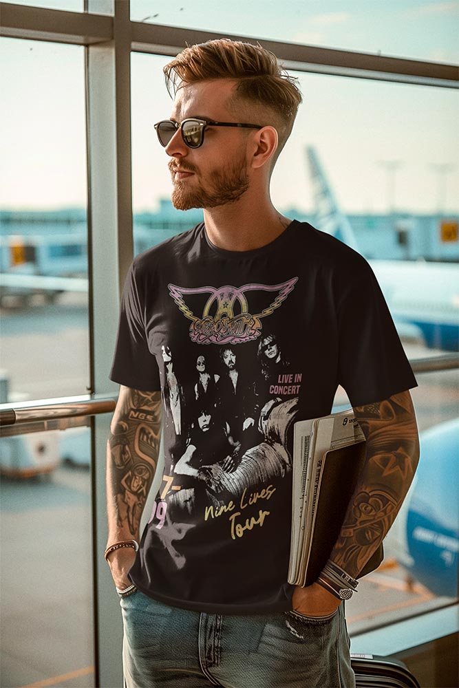 Aerosmith Nine Lives Tour Graphic T-Shirt - Classic Rock Music Clothing - Vintage Concert Lover Gift Idea