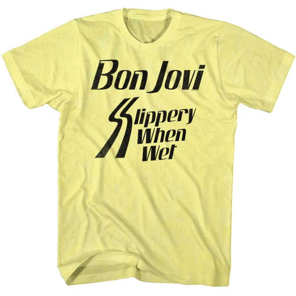 Bon Jovi SLIPPERY WHEN Adult T-Shirt – Yellow Heather Concert Style Rock Music Tee