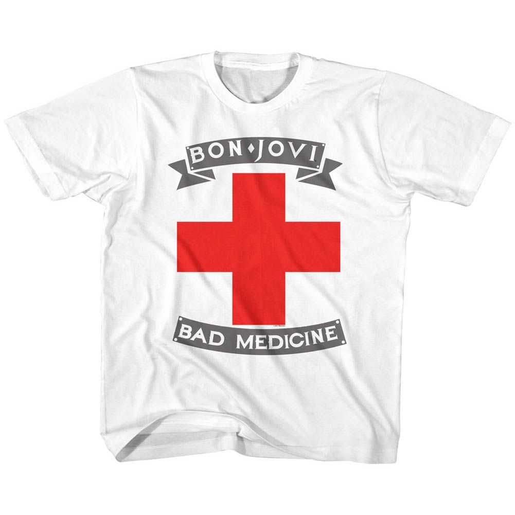 Bon Jovi BADMED Youth T-Shirt – White Short Sleeve Vintage Rock Band Graphic Tee