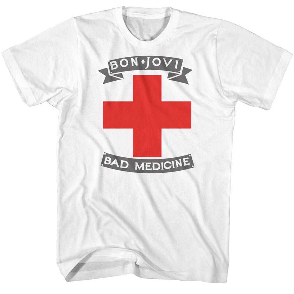 Bon Jovi BADMED Adult White T-Shirt – Officially Licensed Rock Band Short Sleeve Fan Shirt