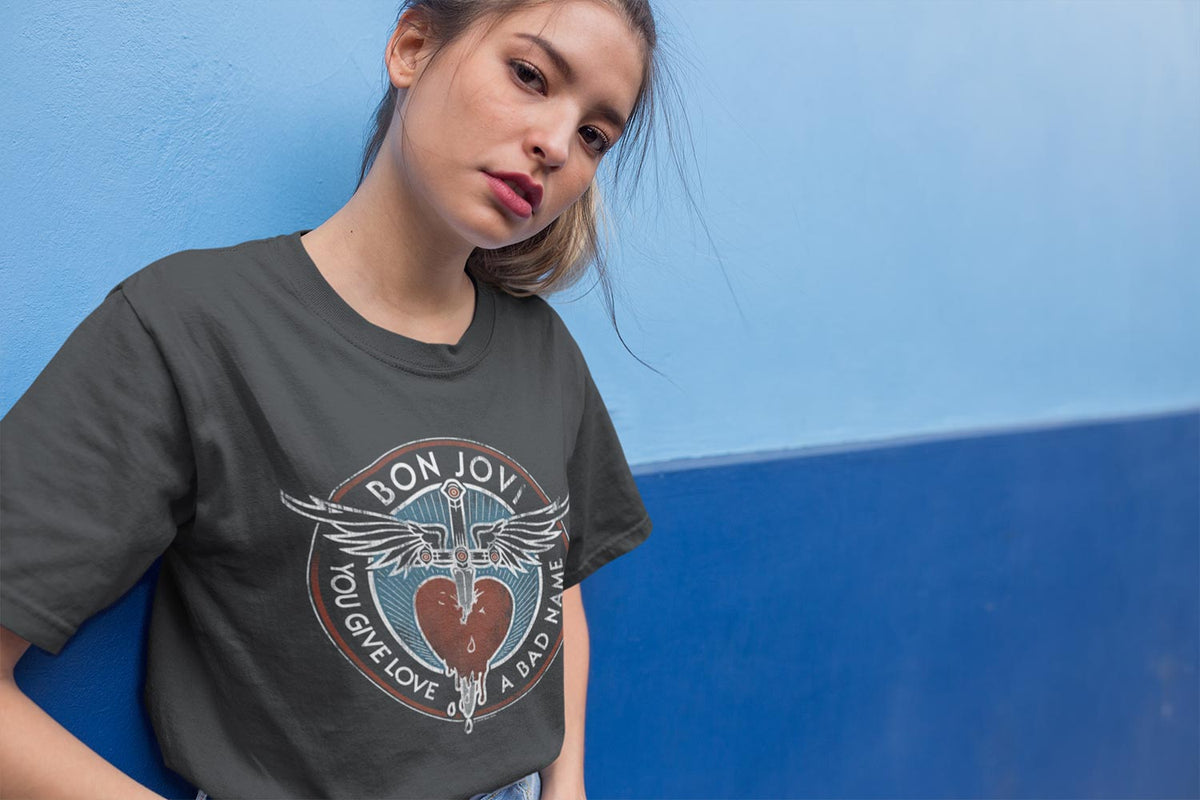 Bon Jovi BADNAME Adult T-Shirt in Smoke – Official Band Graphic Tee for Rock Music Fans