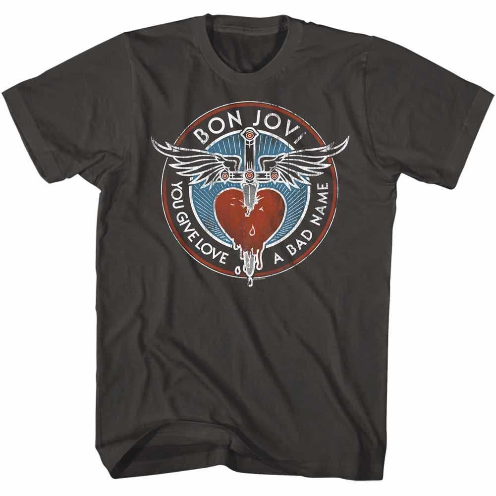 Bon Jovi BADNAME Adult T-Shirt in Smoke – Official Band Graphic Tee for Rock Music Fans