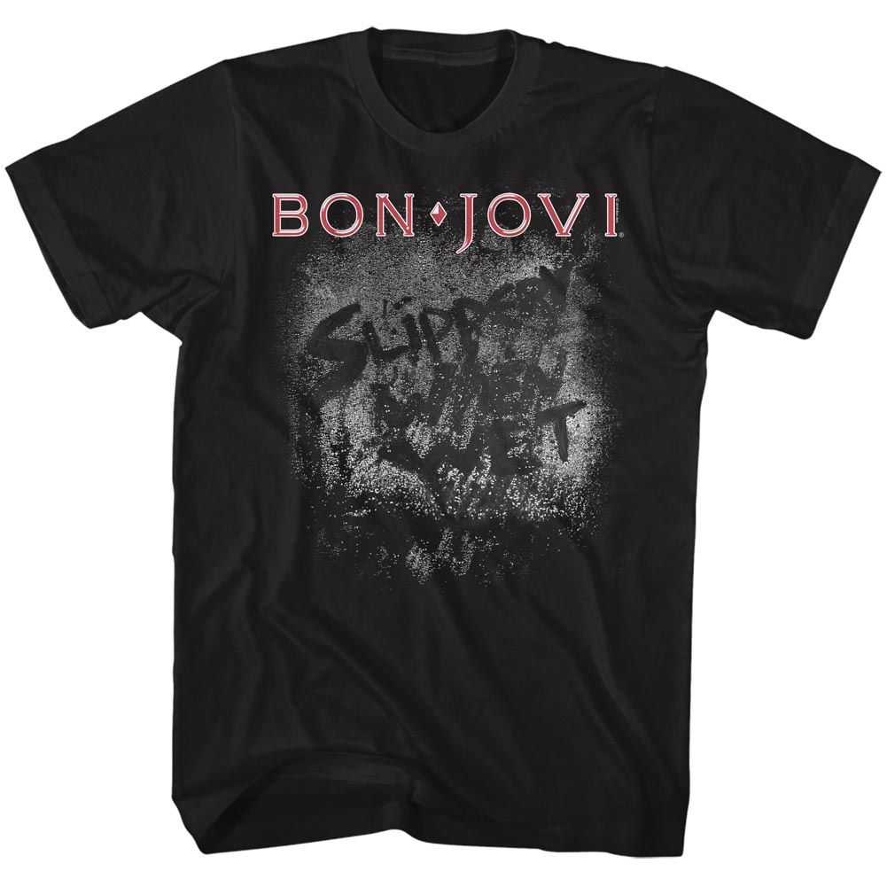 Bon Jovi MORE SLIPPERY Black Adult T-Shirt – Licensed Music Merch Short Sleeve Rock Tee