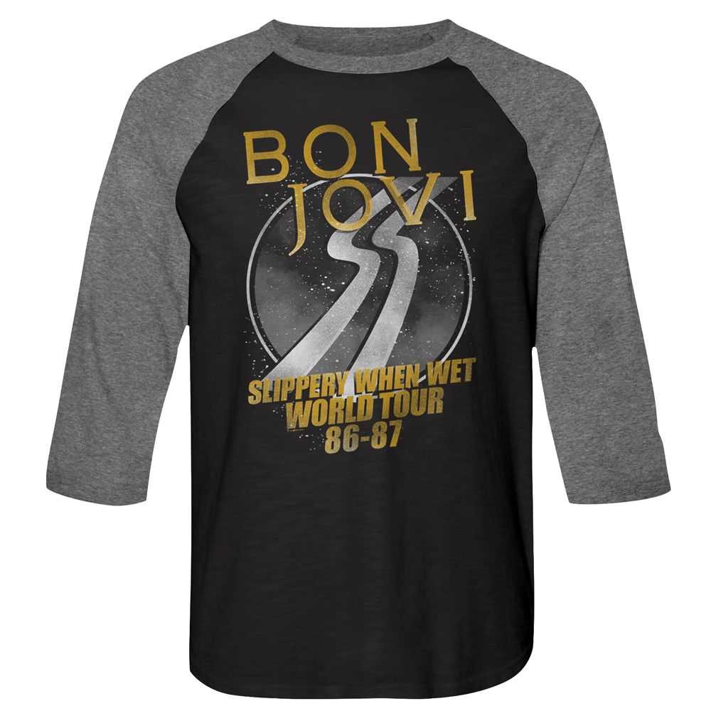 Bon Jovi WORLD TOUR Adult 3/4 Sleeve Shirt – Vintage Black Premium Heather Rock Band Tee