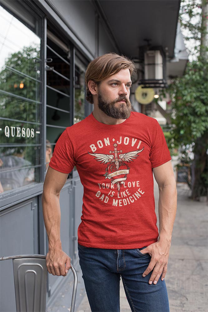 Bon Jovi BAD MEDICINE Adult T-Shirt – Red Heather Short Sleeve Classic Rock Graphic Tee