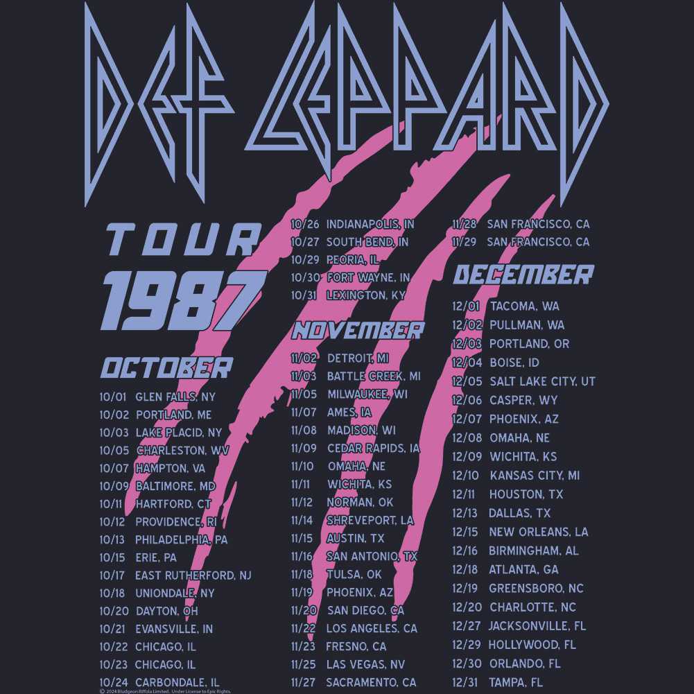 Def Leppard Hysteria 1987 Tour 2-Sided Front Back Graphic Concert Tee Unisex Standard Fit Men Women