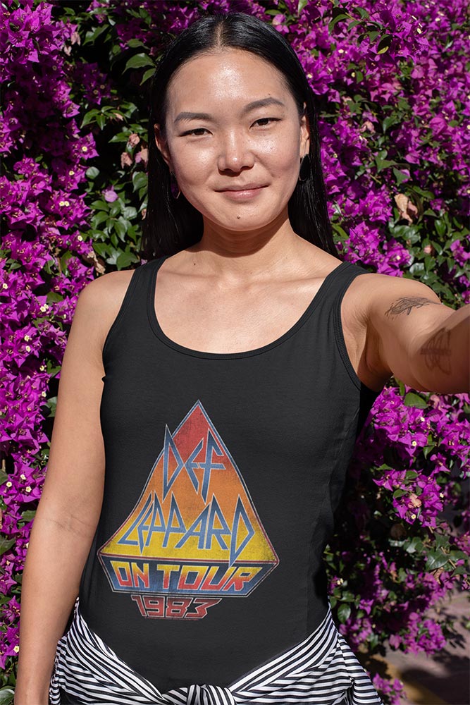 Def Leppard On Tour 83 Women's Tank Top, 1983 Hard Rock Band Graphic Sleeveless Shirt, Retro Concert Fan Apparel