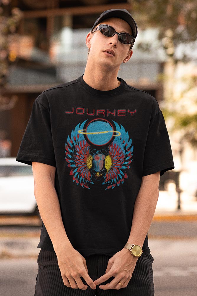 Journey Scarab With Orb Logo Graphic T-Shirt - Classic Rock Music Clothing - Vintage Concert Lover Gift Idea
