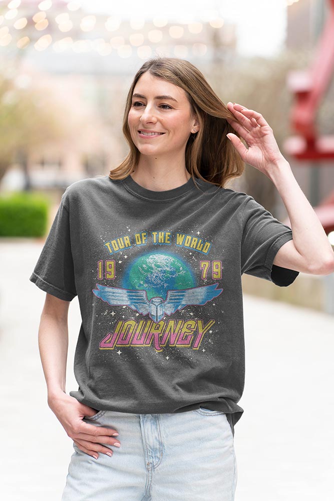 Journey Tour Of The World Graphic T-Shirt - Classic Rock Music Clothing - Vintage Concert Lover Gift Idea