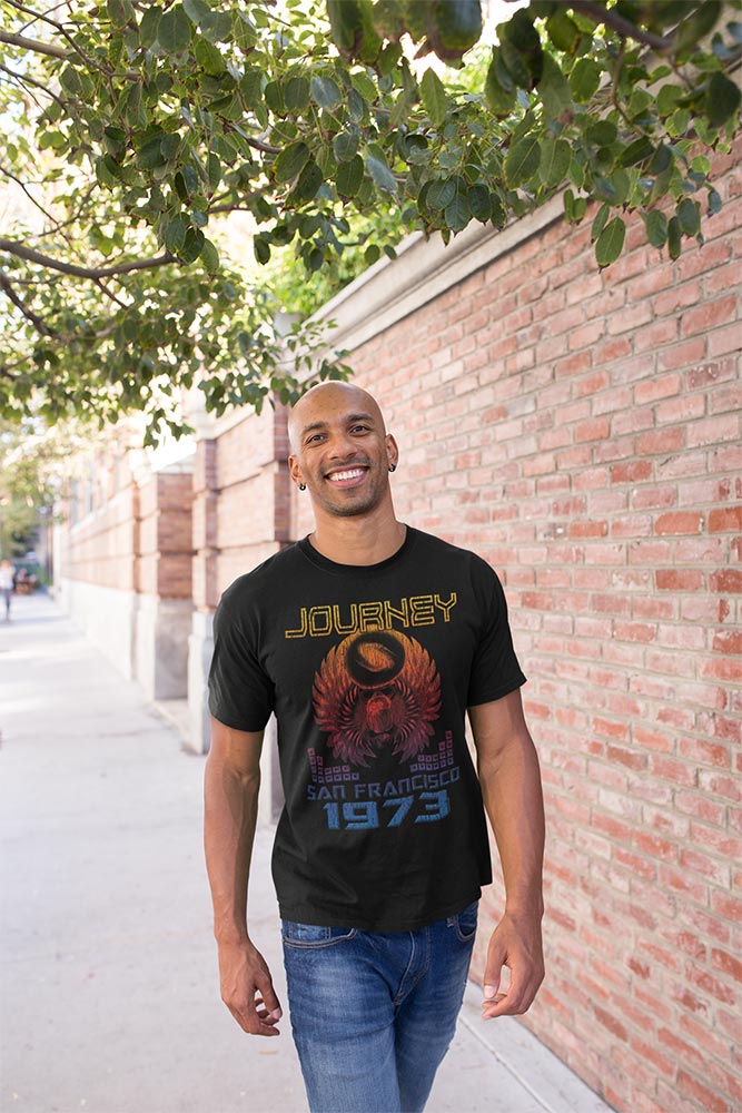 Journey San Fran 73 Graphic T-Shirt - Classic Rock Music Clothing - Vintage Concert Lover Gift Idea