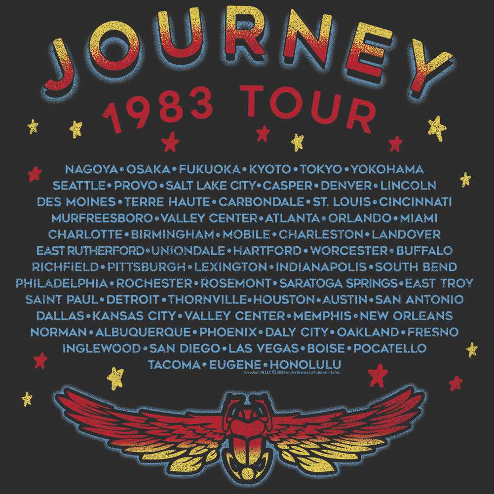Journey 1983 World Tour Double Sided Graphic T-Shirt - Classic Rock Music Clothing - Vintage Concert Lover Gift