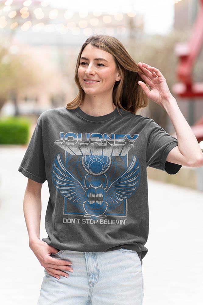 Journey 3D Text Scarab Logo Graphic T-Shirt - Classic Rock Music Clothing - Vintage Concert Lover Gift Idea