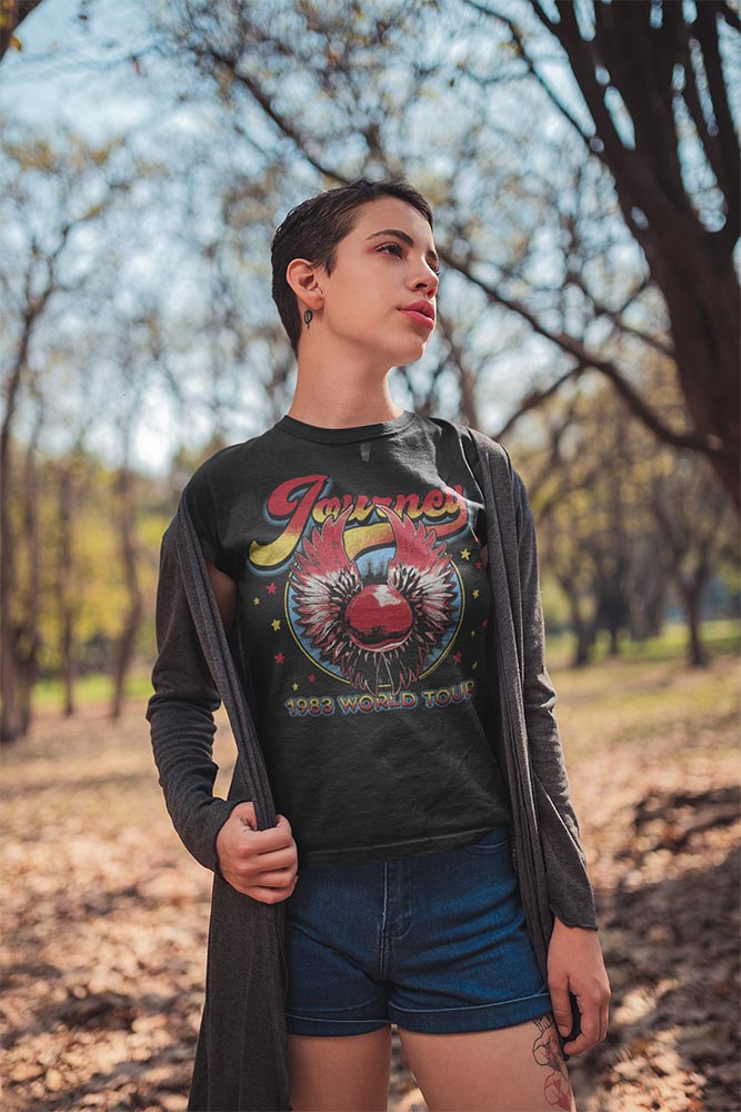 Journey 1983 World Tour Graphic T-Shirt - Classic Rock Music Clothing - Vintage Concert Lover Gift Idea