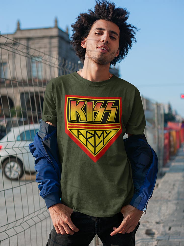 KISS Army Green Graphic T-Shirt - Classic Rock Music Clothing - Vintage Concert Lover Gift Idea
