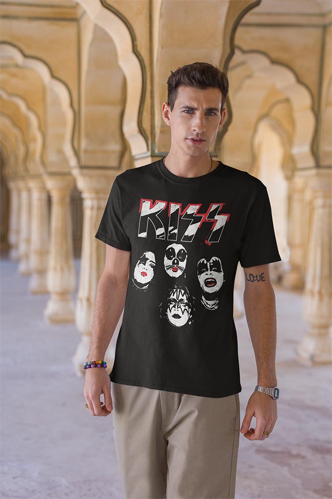 KISS Logo Faces Graphic T-Shirt - Classic Rock Music Clothing - Vintage Concert Lover Gift Idea