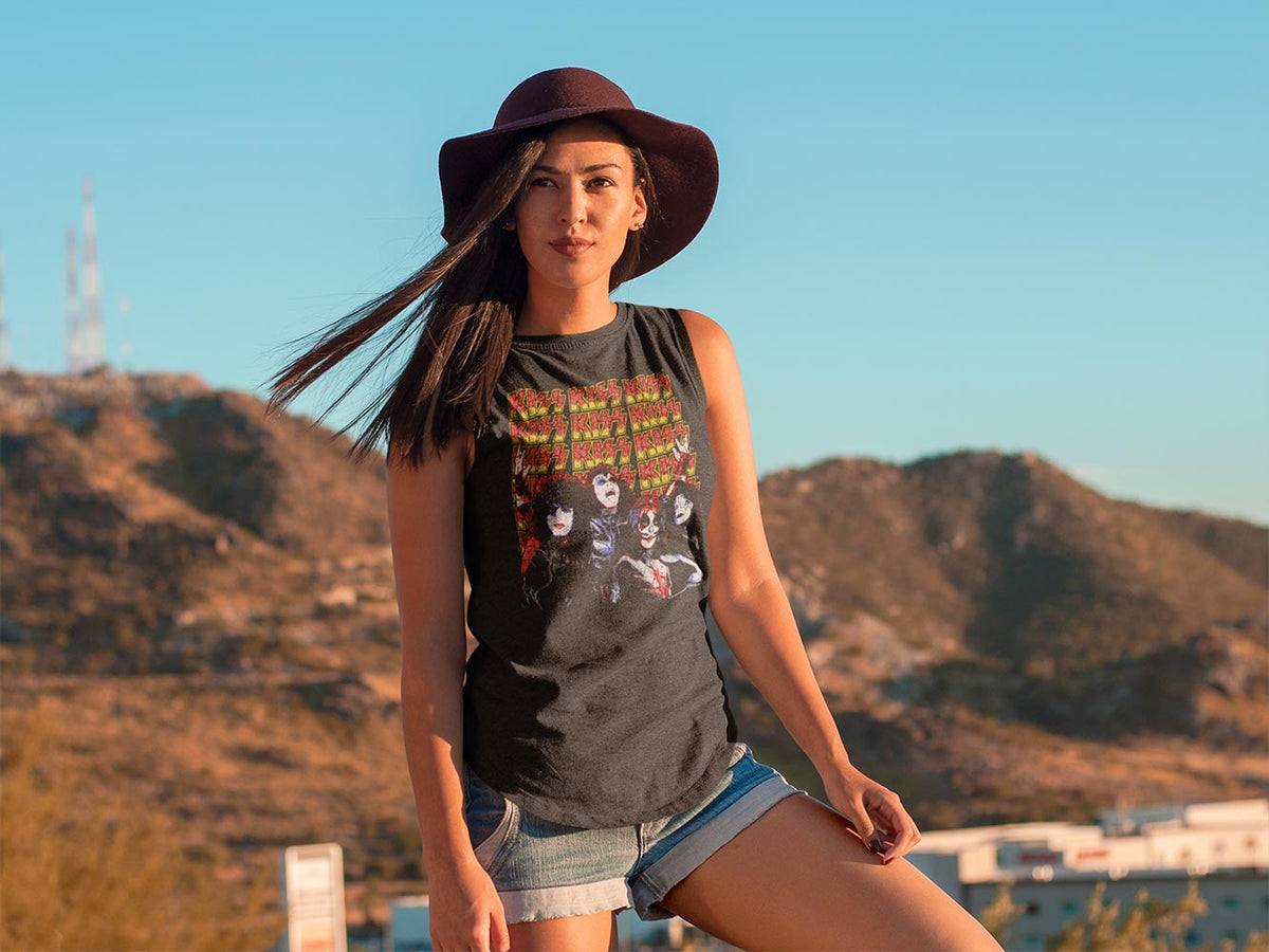 KISS Lots Of Logos Graphic Girl Tank Top - Classic Rock Music Clothing - Vintage Concert Lover Gift Idea