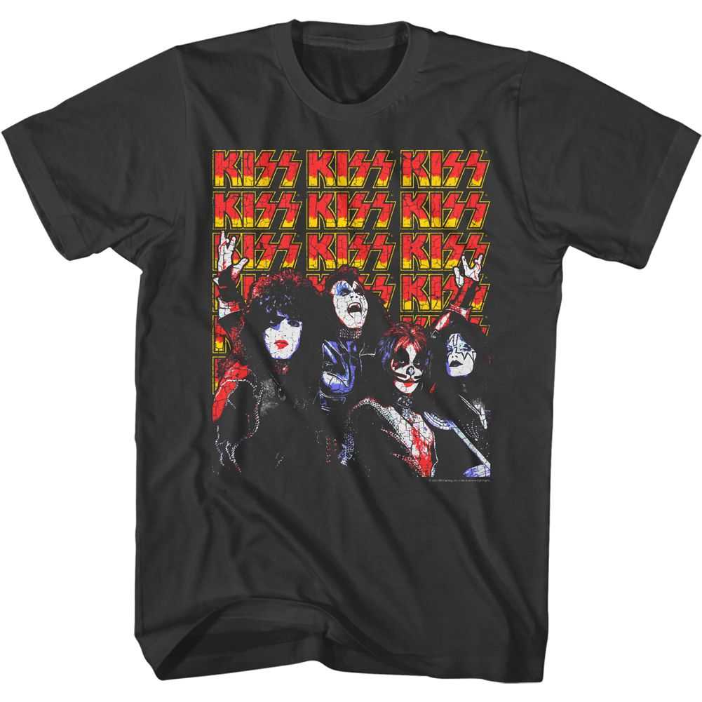 KISS Lots Of Logos Graphic T-Shirt - Classic Rock Music Clothing - Vintage Concert Lover Gift Idea