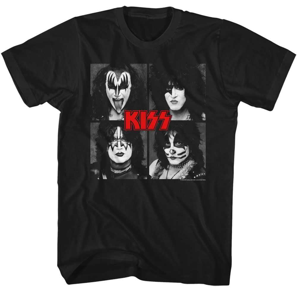 KISS Four Squares Graphic T-Shirt - Classic Rock Music Clothing - Vintage Concert Lover Gift Idea
