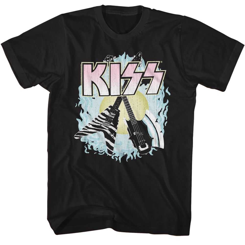 KISS Two Guitars Graphic T-Shirt - Classic Rock Music Clothing - Vintage Concert Lover Gift Idea