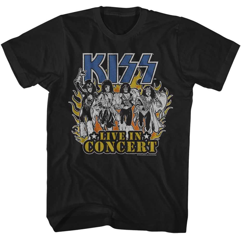 KISS Live In Flames Graphic T-Shirt - Classic Rock Music Clothing - Vintage Concert Lover Gift Idea