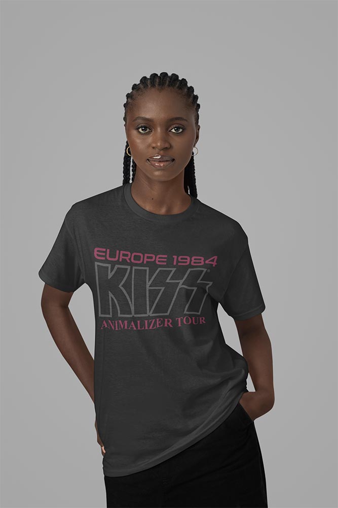 KISS Europe 1984 2-Sided Graphic T-Shirt - Classic Rock Music Clothing - Vintage Concert Lover Gift Idea