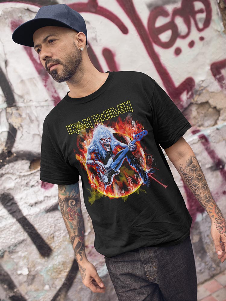 Iron Maiden Flaming Circle Graphic T-Shirt - Classic Rock Music Clothing - Vintage Concert Lover Gift Idea