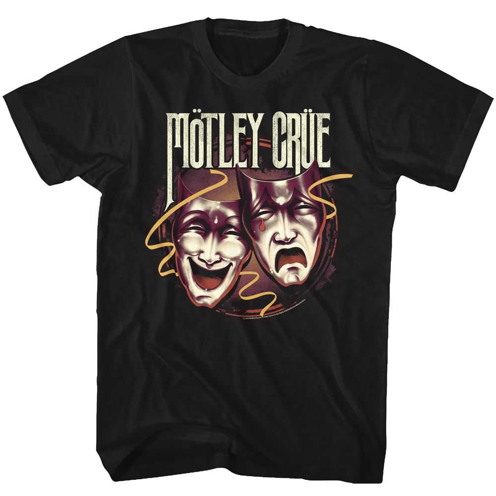 Motley Crue Drama Masks Graphic T-Shirt - Classic Rock Music Clothing - Vintage Concert Lover Gift Idea
