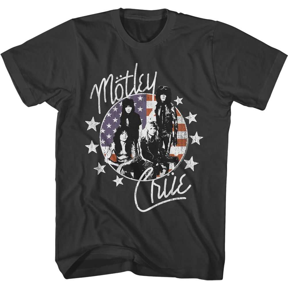 Motley Crue American Flag And Stars Graphic T-Shirt - Classic Rock Music Clothing - Vintage Concert Lover Gift Idea