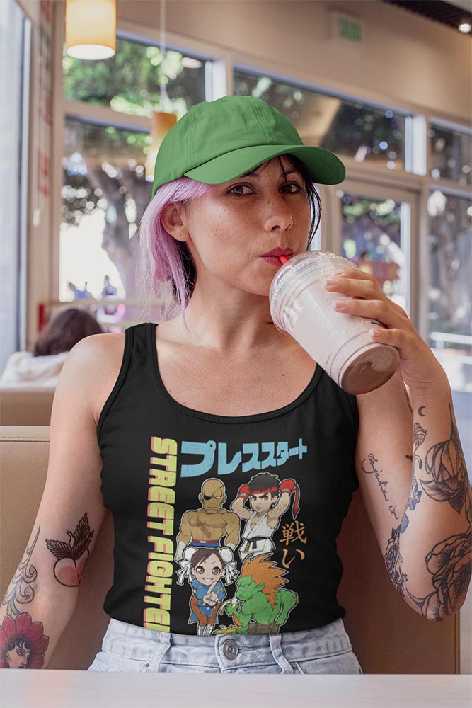 Street Fighter Chibi With Kanji Graphic Women's Tank Top Arcade Gaming Retro Apparel Classic Video Game Fan