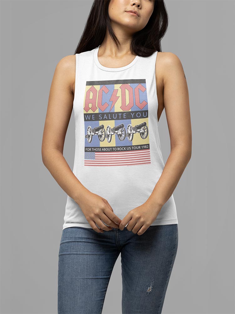 AC/DC Flag We Salute You Adult Graphic Shirt - Officially Licensed Hard Rock Band Muscle shirt White