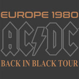 AC/DC Back in Black Europe 1980 Tour Graphic T-Shirt - Official Two-Sided Band Tee