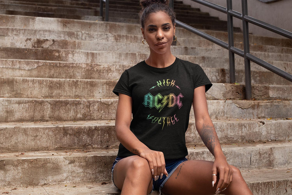 AC/DC Multicolor Voltage Adult Graphic T-Shirt - Retro Rock Music Clothing - Concert Lover Gift Idea