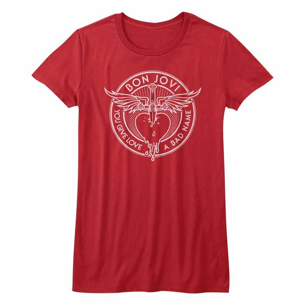 Bon Jovi Bad Name Adult Graphic T-Shirt - Officially Licensed Classic Rock Band Tee Red