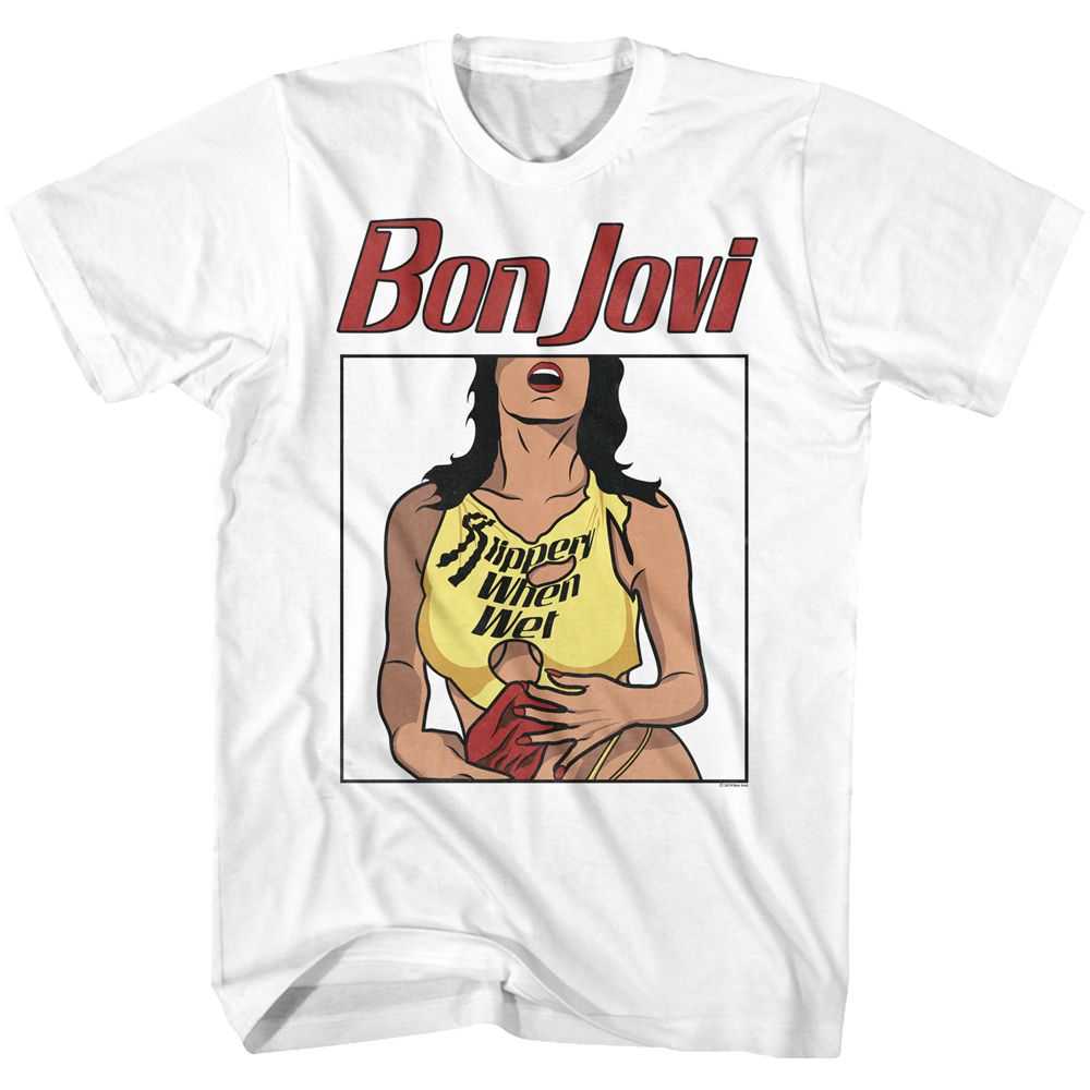 Bon Jovi Slippery When Wet Adult Graphic T-Shirt - Officially Licensed Classic Rock Band Tee White