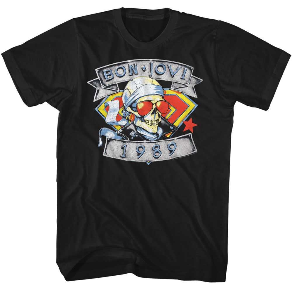 Bon Jovi 1989 Skull Man Adult Graphic T-Shirt - Officially Licensed Classic Rock Band Tee Black
