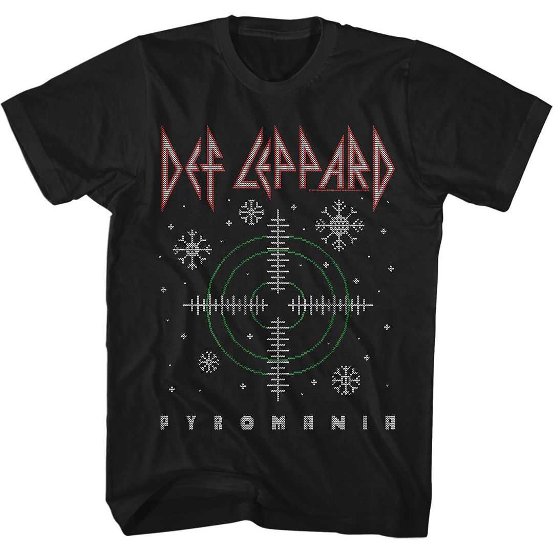 Def Leppard Pyro Christmas Adult T-Shirt, Holiday Hard Rock Band Graphic Tee, 80s Classic Rock Music Fan Apparel