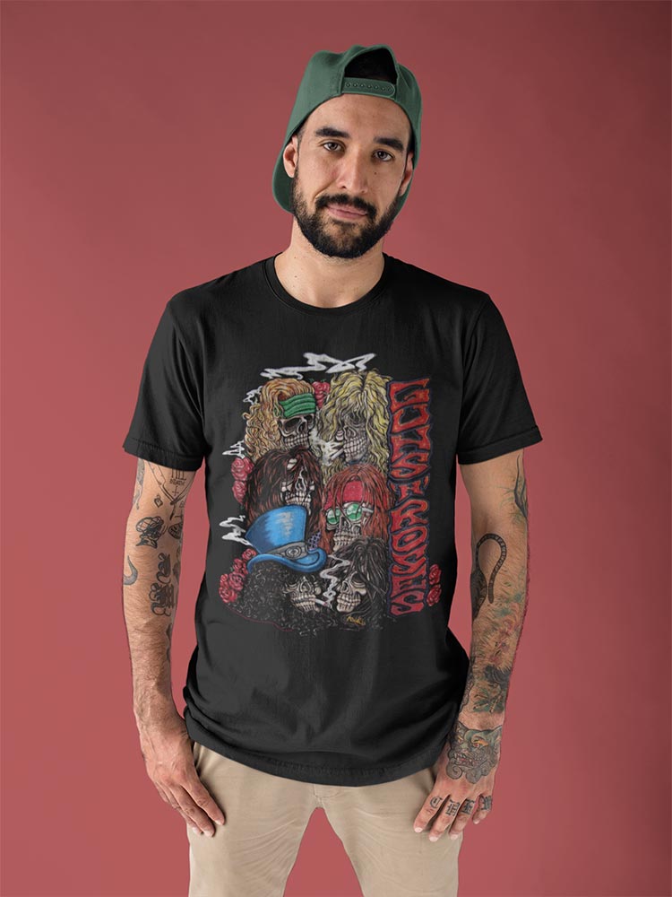 Guns N Roses Vintage Skulls Adult Graphic T-Shirt - Officially Licensed Band Vintage Tee Black