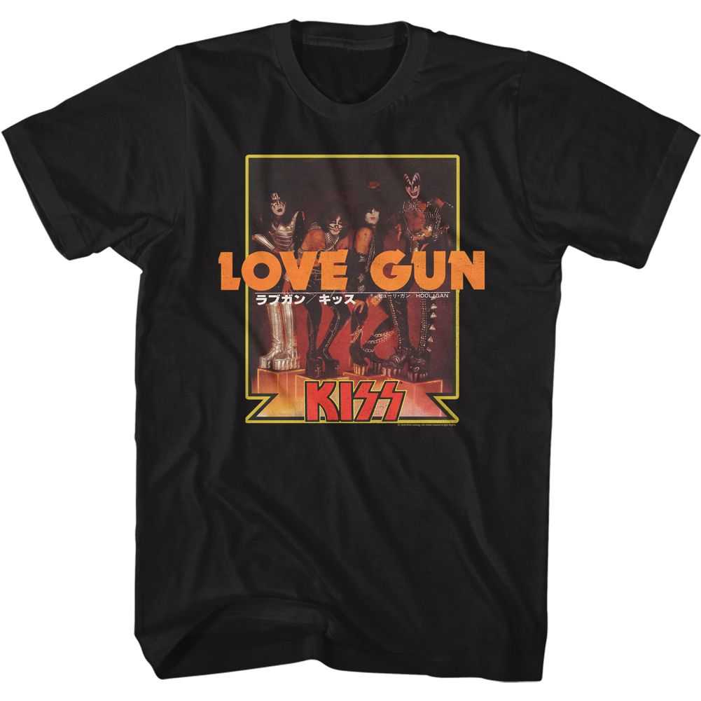 KISS Love Gun Japanese Txt Graphic T-Shirt - Classic Rock Music Clothing - Vintage Concert Lover Gift Idea