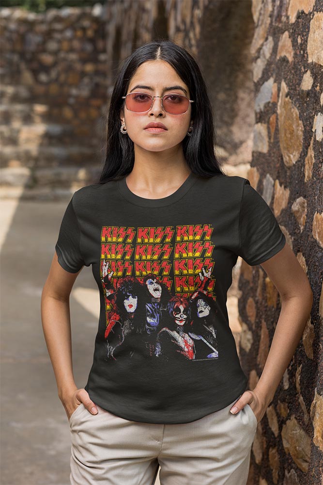 KISS Lots Of Logos Graphic T-Shirt - Classic Rock Music Clothing - Vintage Concert Lover Gift Idea