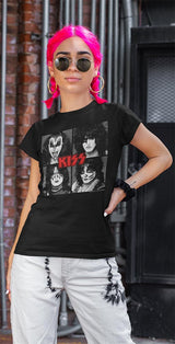 KISS Four Squares Graphic T-Shirt - Classic Rock Music Clothing - Vintage Concert Lover Gift Idea