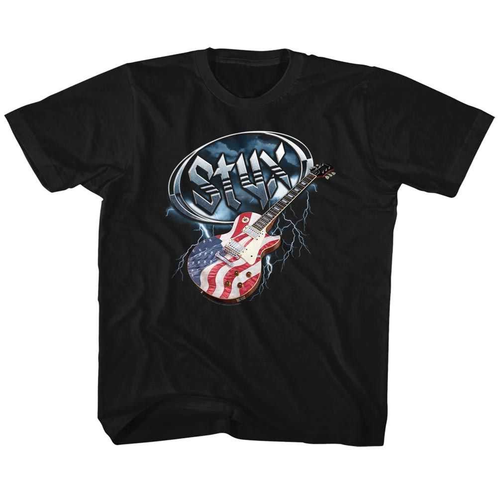 Styx Flag Guitar Youth Graphic T-Shirt - Classic Rock Music Clothing - Vintage Concert Lover Gift Idea